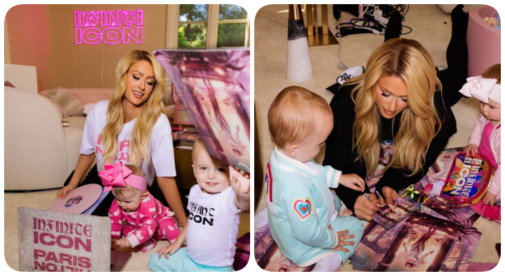 paris hilton with her kids signing INFINITE ICON PINK VINYL